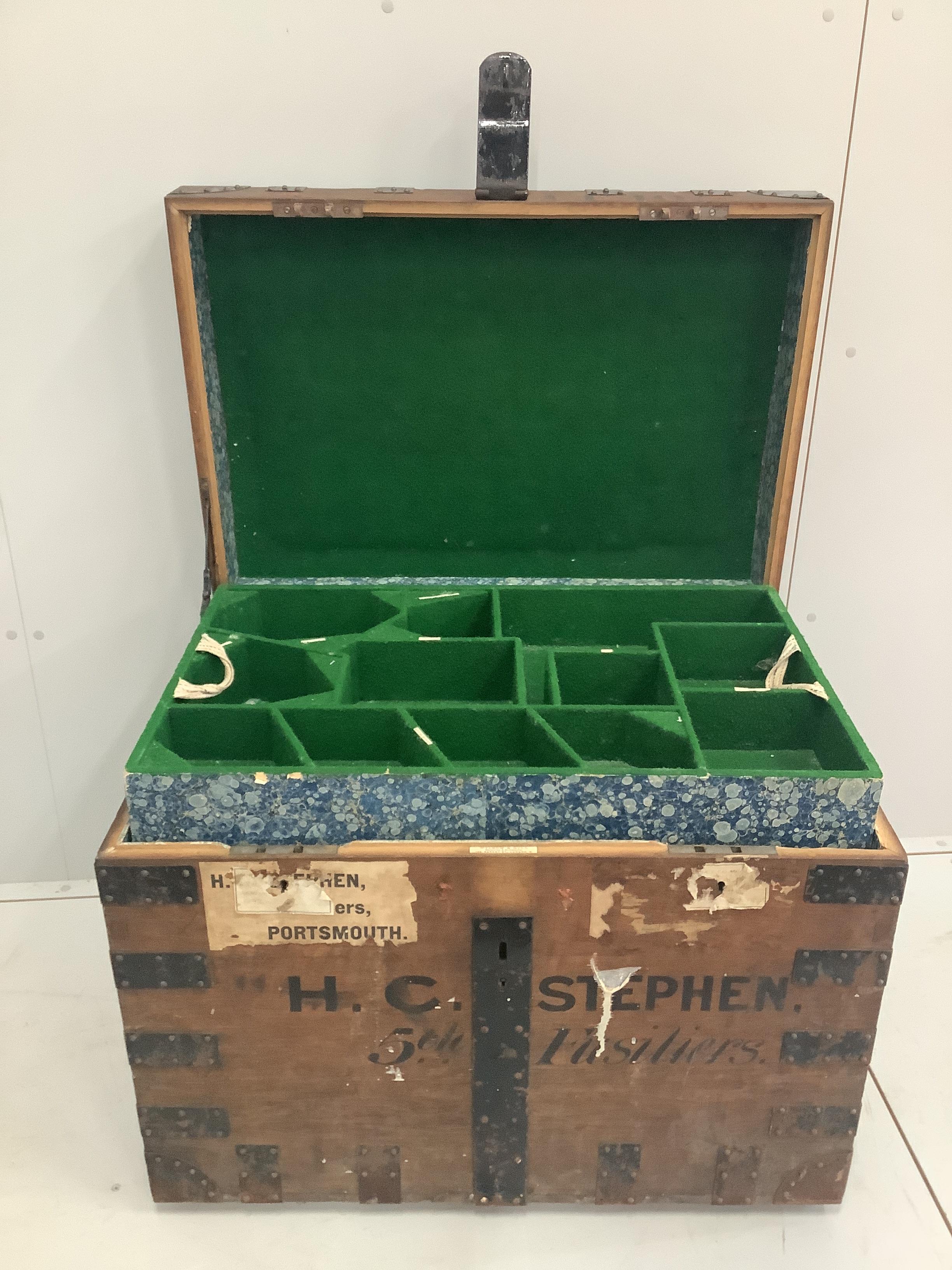 A Victorian iron bound oak fitted silver chest by Wilson & Gill, width 83cm, depth 58cm, height 64cm